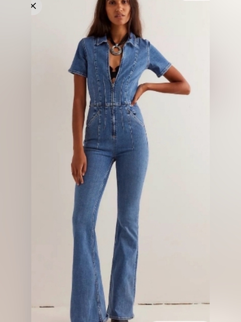We The Free jayde flare Denim Short-Sleeve Zip-Front Jumpsuit small boho